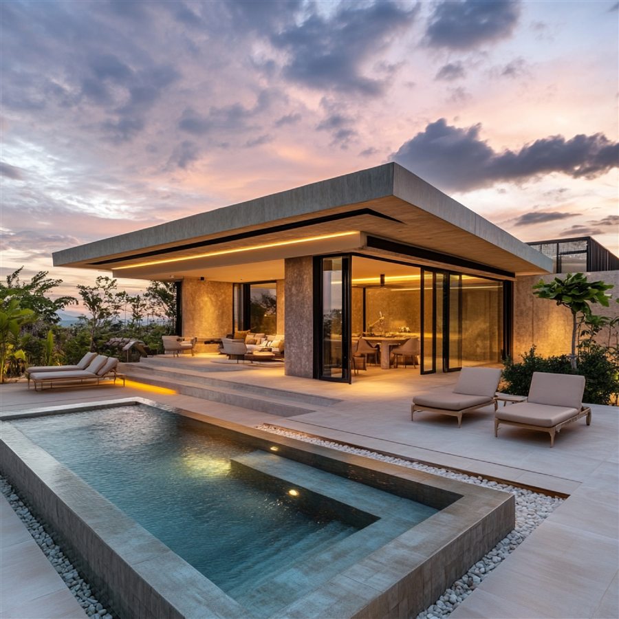 Casa moderna com piscina ao entardecer